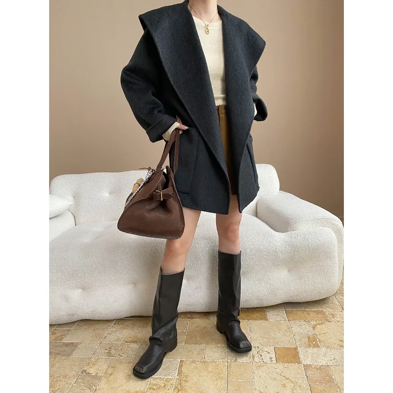 

Lazy bathrobe cape lapel lace-up wool duffel coat