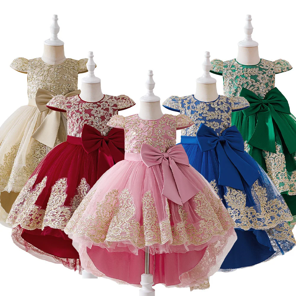 

Kids Elegant Gown Bow Bridesmaid Party Girls Dress Trailing Flower Wedding Birthday Princess Dresses Girl Evening Prom