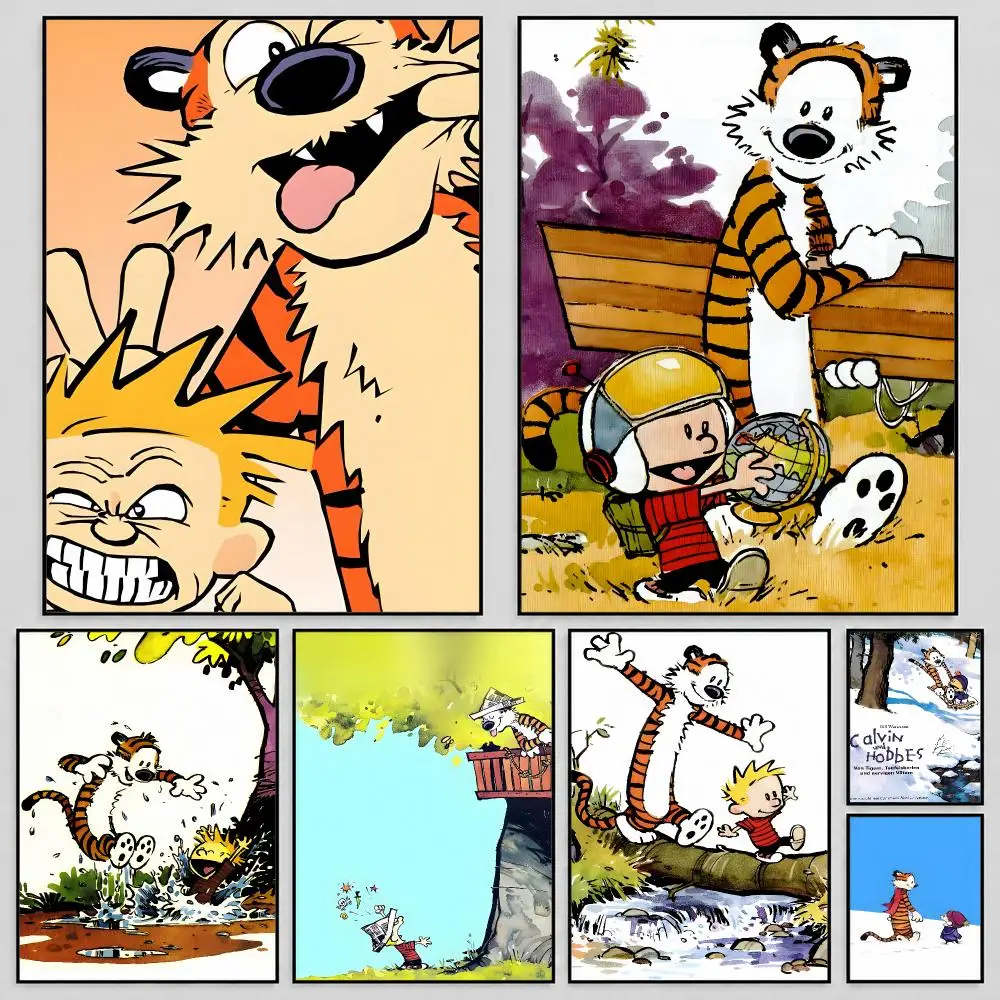 Cartoon Calvin And Hobbes Comic Strip Poster Self Adhesive PP Wall Art HD Gaming Room Bedroom Living Room Decor Apartment Gift