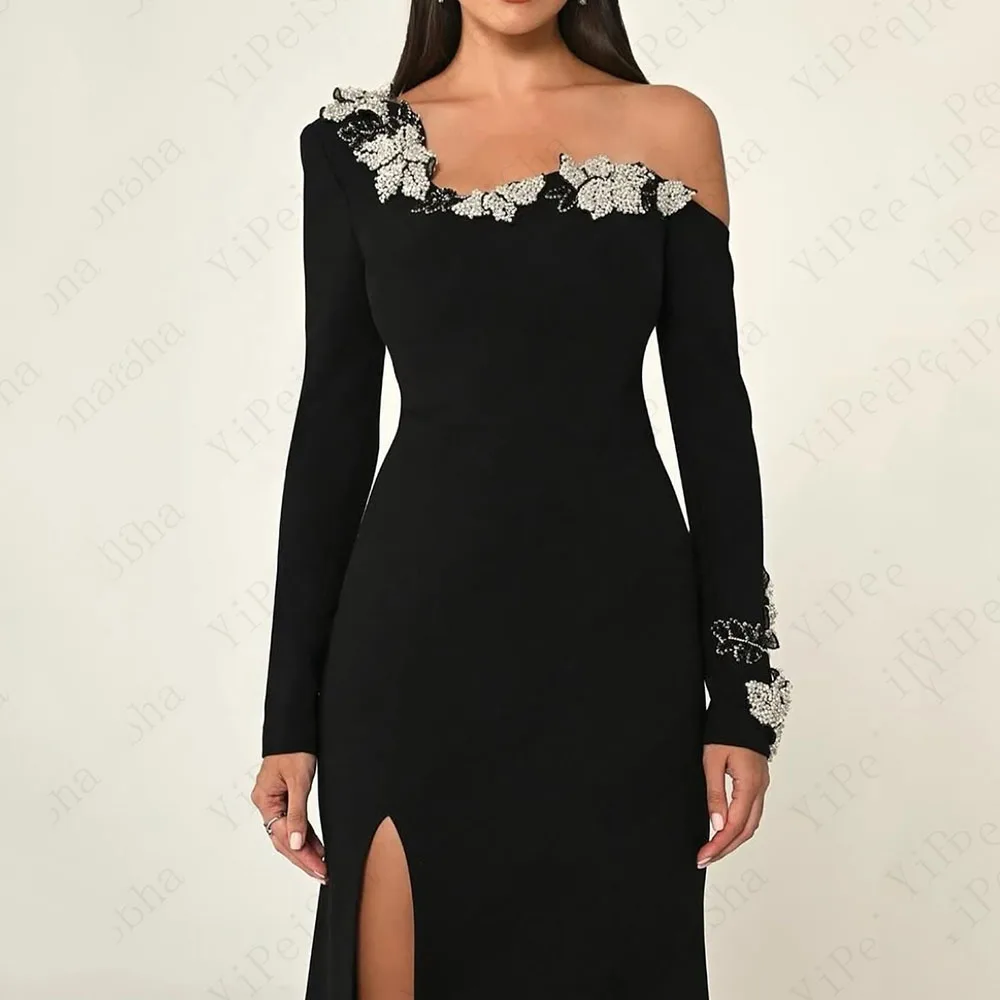 Customzied A-Line Prom Dresses Floor-length One-Shoulder Full Sleeve Evening Gown Fashion Flowers Side Split Draped Party Gown