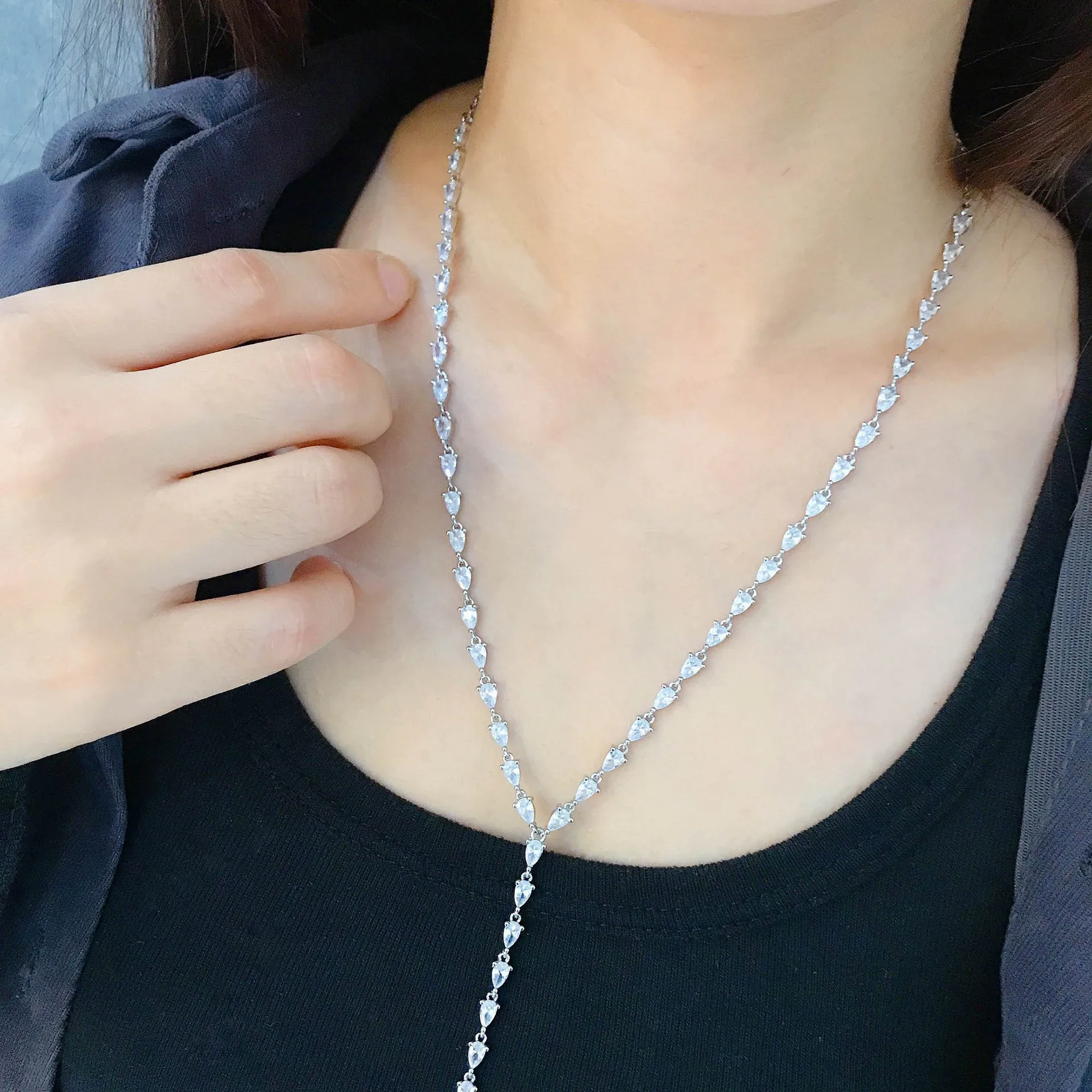 

DIY accessories Micro-set crystal diamond peach heart water drop Y fringed long sweater chain, heavy industry design long water