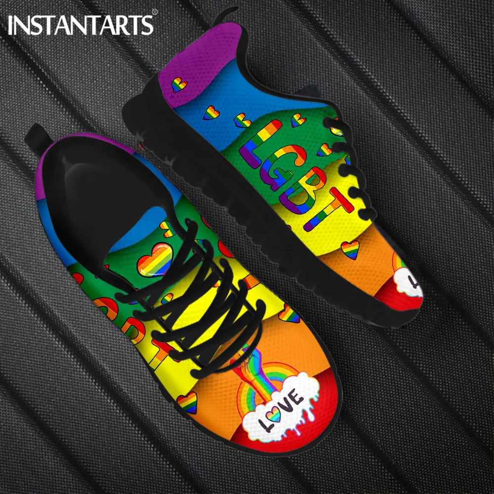 INSTANTARTS LGBT Rainbow Love Print Women Flat Shoes Lightweight Soft Casual Sneakers Raised Fist Design Running Shoes for Lady