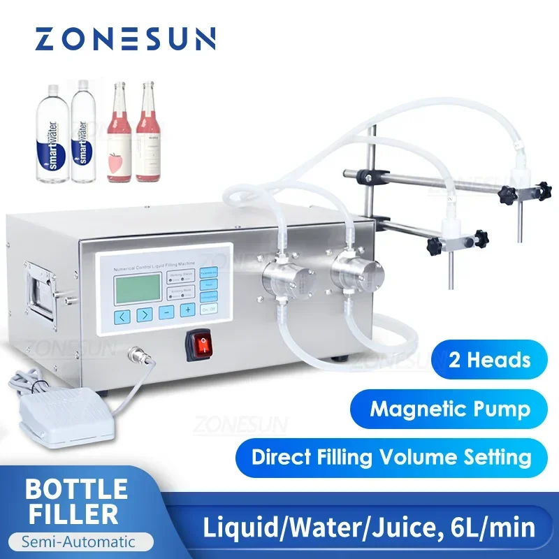 

ZONESUN Полуавтоматическая машина для наполнения бутылок, жидкая вода, сок, напитки, оливковое масло, магнитный насос, производство упаковки для банок ZS-MPZ2