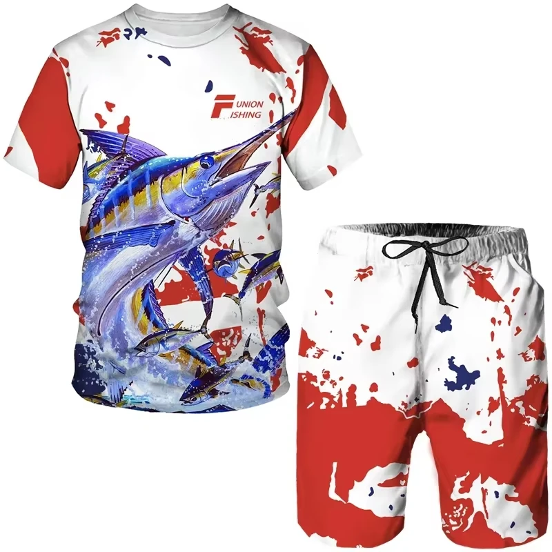 Conjunto de ropa deportiva para hombre, camisetas de pesca con estampado 3d de animales, pantalones cortos, trajes de playa