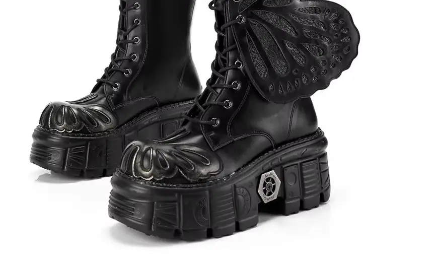 Women Gothic Butterfly Decor Mid Calf Boots Lace Up Platform Chunky Sole Punk Style Black Leather Fashion Street Statement Boots