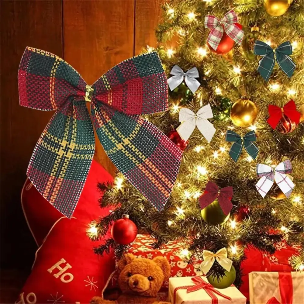 10pcs Christmas Bow Black Red Grids Cloth Bowknot Fabric Tree Accessories New Year Gifts Holiday Wreaths Home Party Decoration