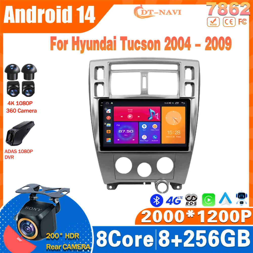 

Автомобильный радиоприемник Android14 для Hyundai Tucson 2004 2005 2006 2007 2008 2009 мультимедийный стерео видеоплеер GPS навигация Carplay Auto