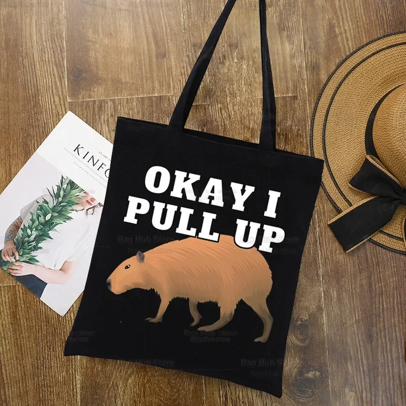 Capybara Lustige Cartoon Schwarz Design Schulter Leinwand Taschen Harajuku Niedlichen Tier Capybaras Handtasche Capibara Frauen Tasche Einkaufstasche