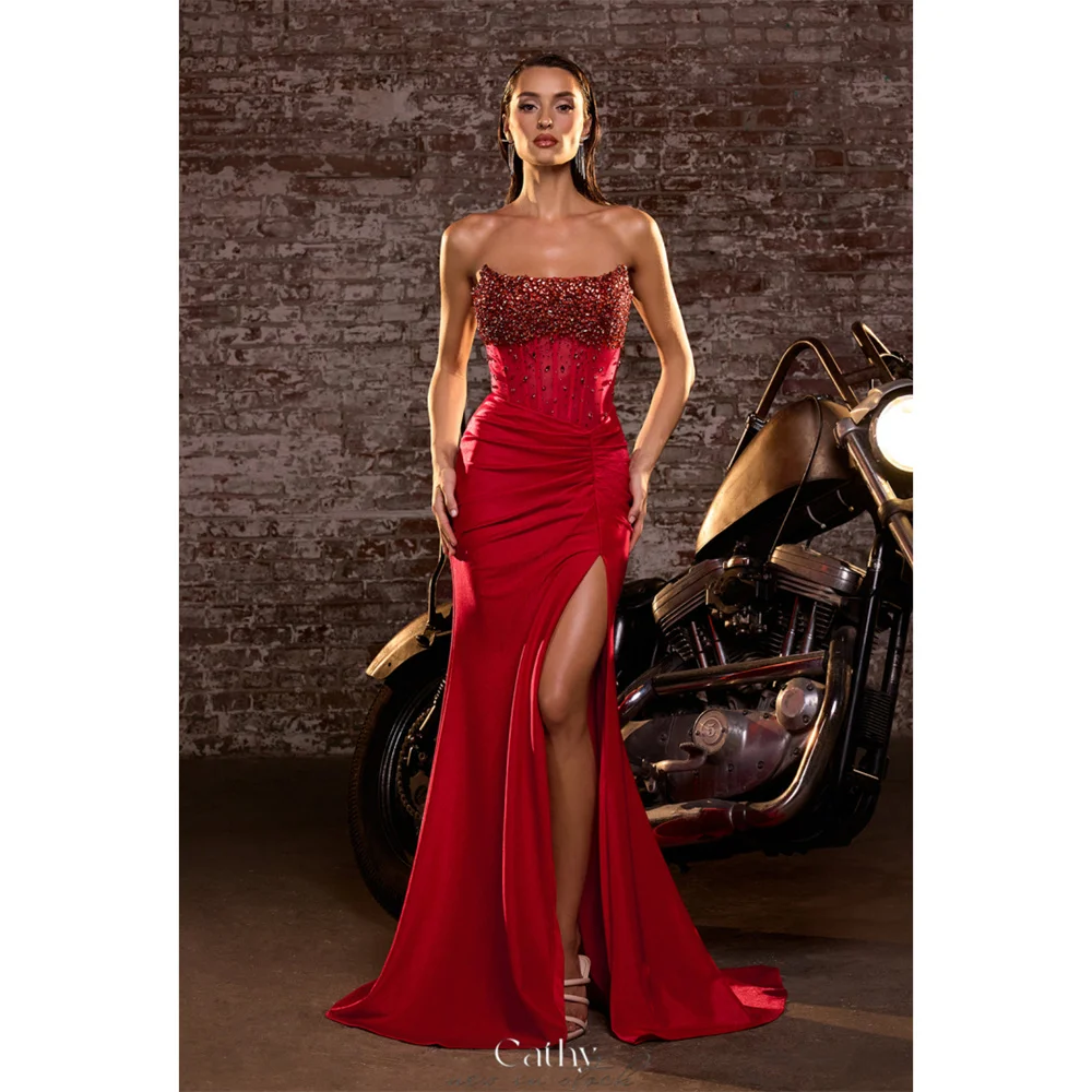 

Cathy Customize Strapless Shiny Diamonds Prom Dress Pleated Side High Slit vestidos de noiva Floor-length Evening Dresses 2025