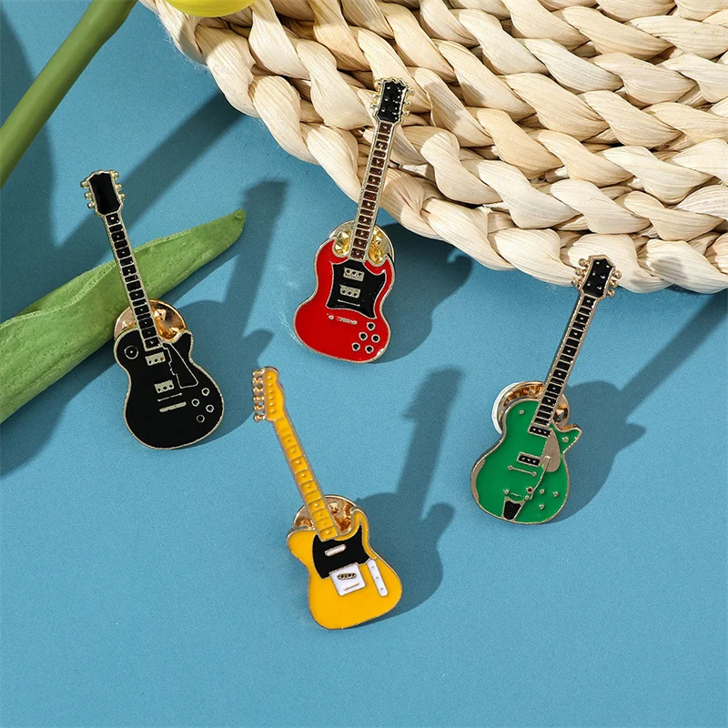 Vintage Metal Enamel Guitar Brooch for Men Women Musical Instrument Electric Guitar Badges Pins Fashion Personality Jewelry Gift