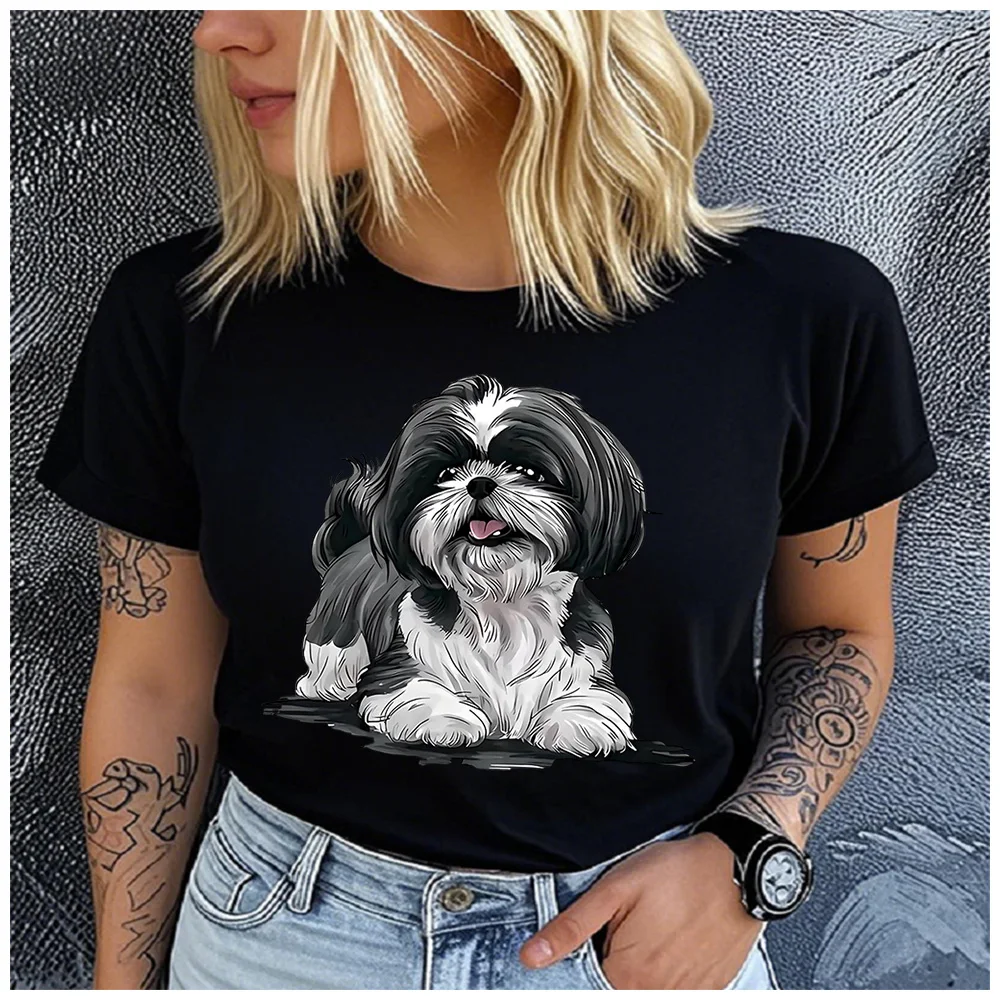 Cotton 100% Cute Fluffy Shih Tzu Puppy Lying Print Women T Shirt Realistic Shihtzu Dog Graphic Pet Lover Casual Short Sleeve Tee