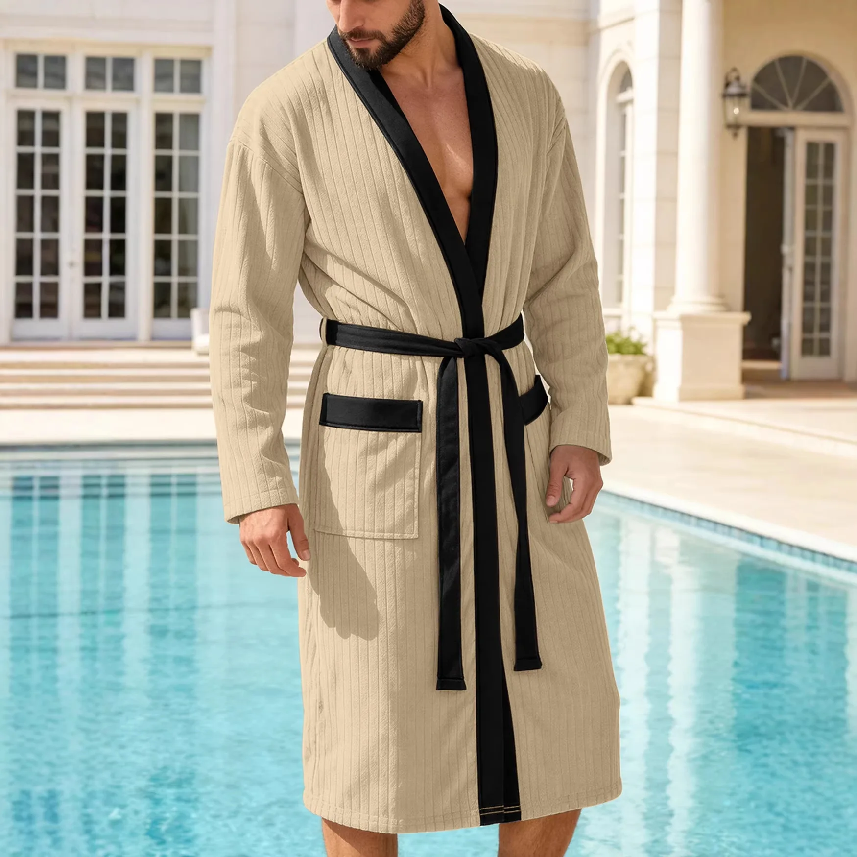 Men's Knit Plus Size Robe Summer Swim Pool Quick Drying Bathrobe With Belt Color Block Long Bathrobe Night Robe Male Loungewear