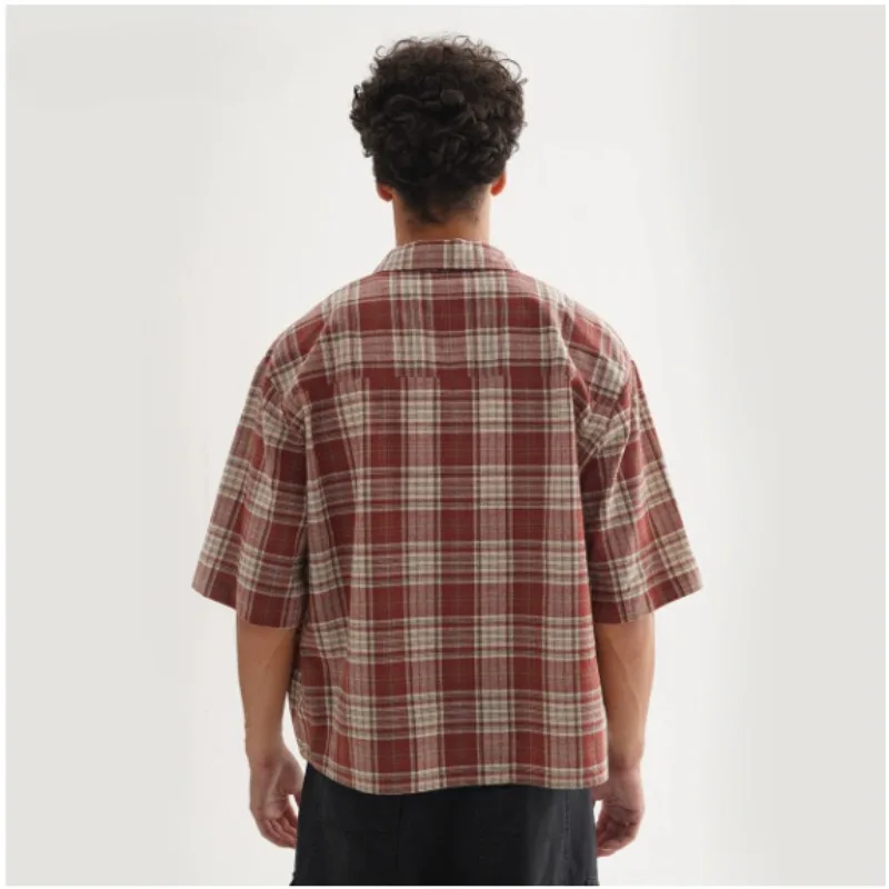 Vintage Plaid Shirts Mans 2025 Spring Summer Baggy Short Sleeve Shirts for Men Korean Fashion Clothes Teenagers