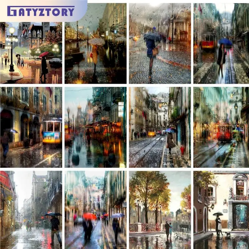 

GATYZTORY Frame DIY Painting By Numbers HandPainted Unique Gifts 60x75cm Street Rain Scenery Oil Picture By Number Home Decor Ar