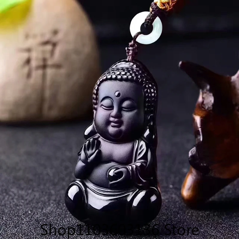 

Drop Shipping Beautiful Chinese Handwork Natural Black Obsidian Carved Baby Buddha Lucky Pendant +Beads necklace Fashion Jewelry