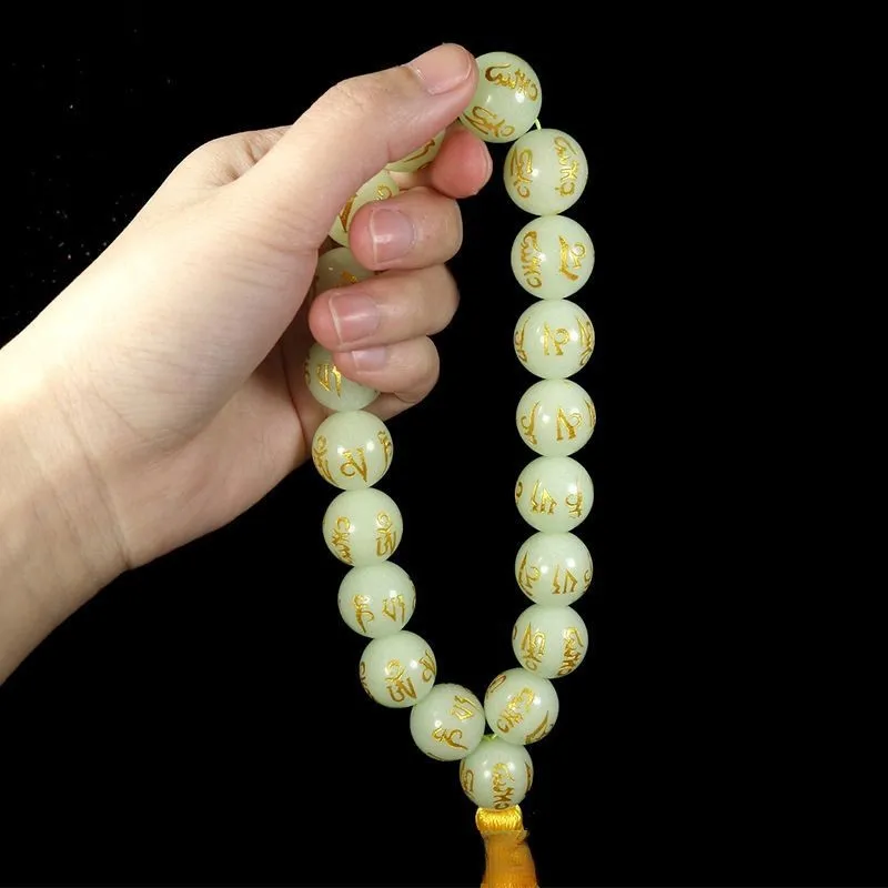 Fluorite luminous pearl, handheld rosary bead luminous rough stone luminous  character mantra, handheld yellow gilt car hanging