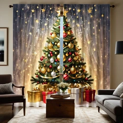 2pcs HD Starlight under Christmas tree gift box decorative curtain Yellow tie digital printed curtain Home decoration style d