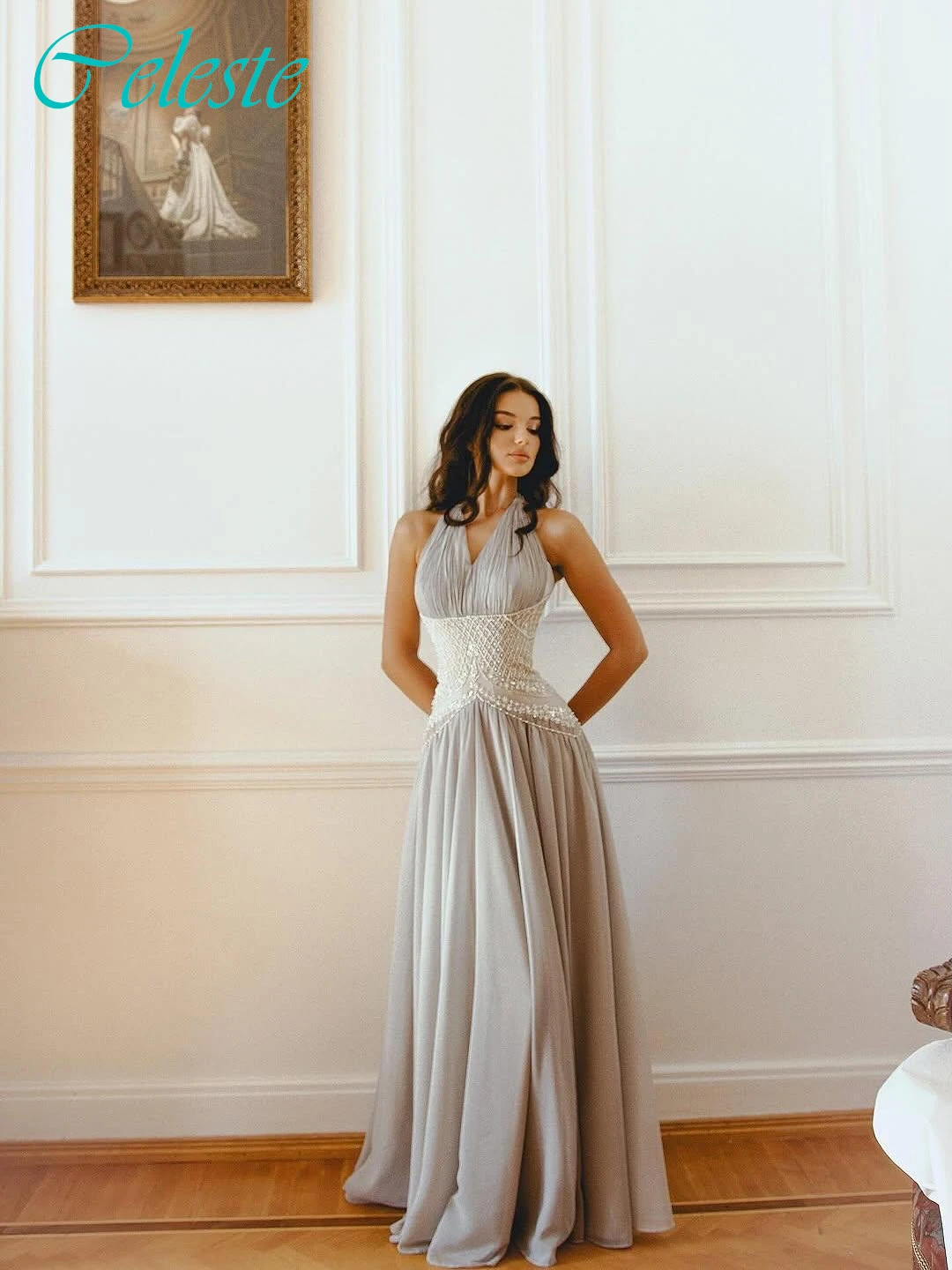 

Customized A-Line Halter Sleeveless Formal Elegant Evening Dress Fashion Delicate Celebrity Gowns Temperament Party Dress