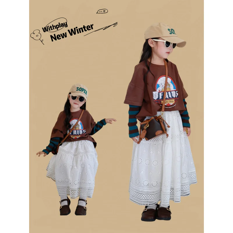 

Korean Children's Cartoon Fake Two-Piece Color Block Striped SleevesTTrendy Autumn Long Sleeve Shirt for Boys and Girls BabyTT-s
