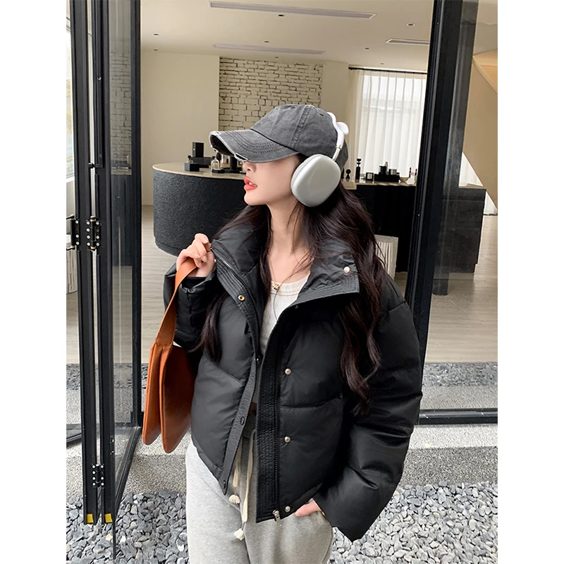 Short Parkas Women Streetwear Pu Leather Cropped Down Coats Winter Korean Puffer Jacket Thick Warm Zipper Cotton Padded Outwears