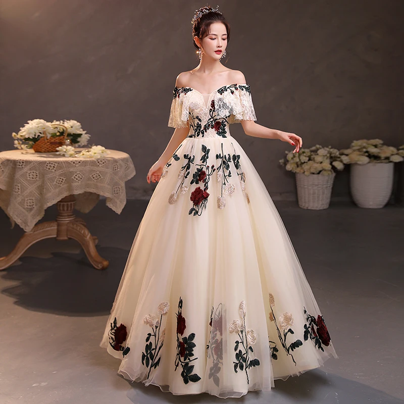 

It's Yiiya Evening Dress Champagne Lace Appliques Off the Shoulder Ruffles A-line Floor-length Plus size Women Party Formal Gown