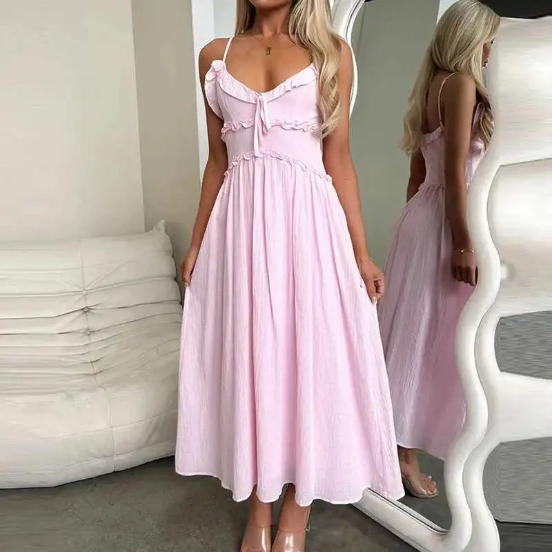 Sexy Hollow Out Sleeveless Pleated Beach Simple Solid Color Women's Holiday Dress New V Neck Ruffle Suspender Long Dresses