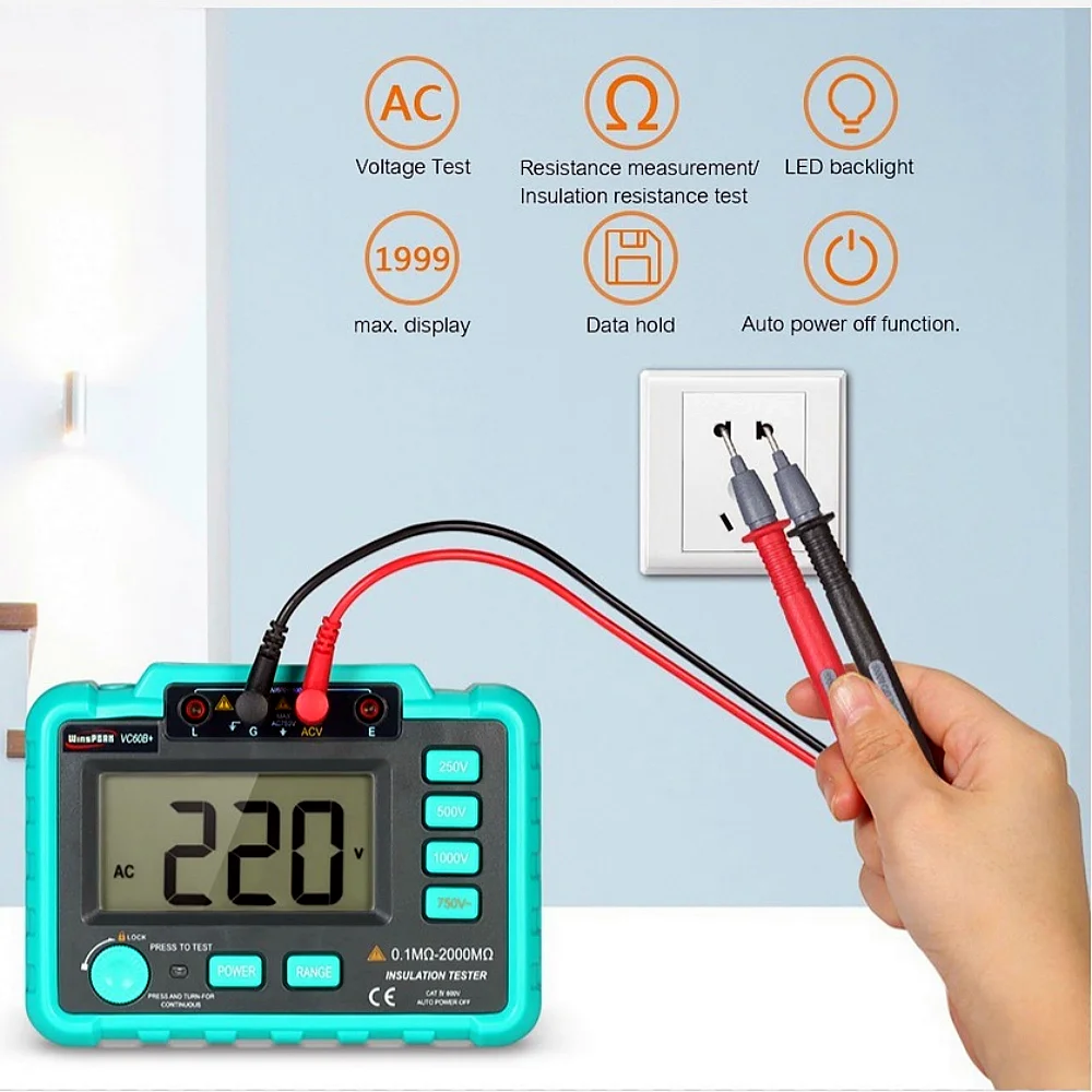 VC60B+ Digital Insulation Tester 0.1MΩ~2000MΩ MegOhm Meter 250V/500V1000V High Voltage Short Circuit Input Alarm Megohmmeter