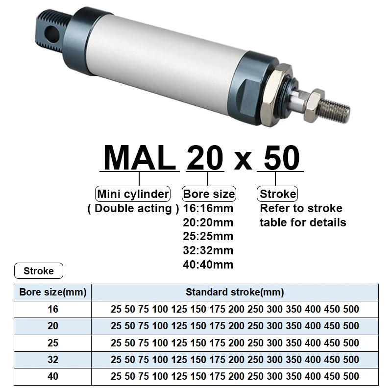 Silinder Pneumatik Udara MAL Diameter 16/20/25/32/40mm Panjang Langkah 25/50/75/100/150/200/400/500mm Silinder Udara Mini Tuas Tunggal