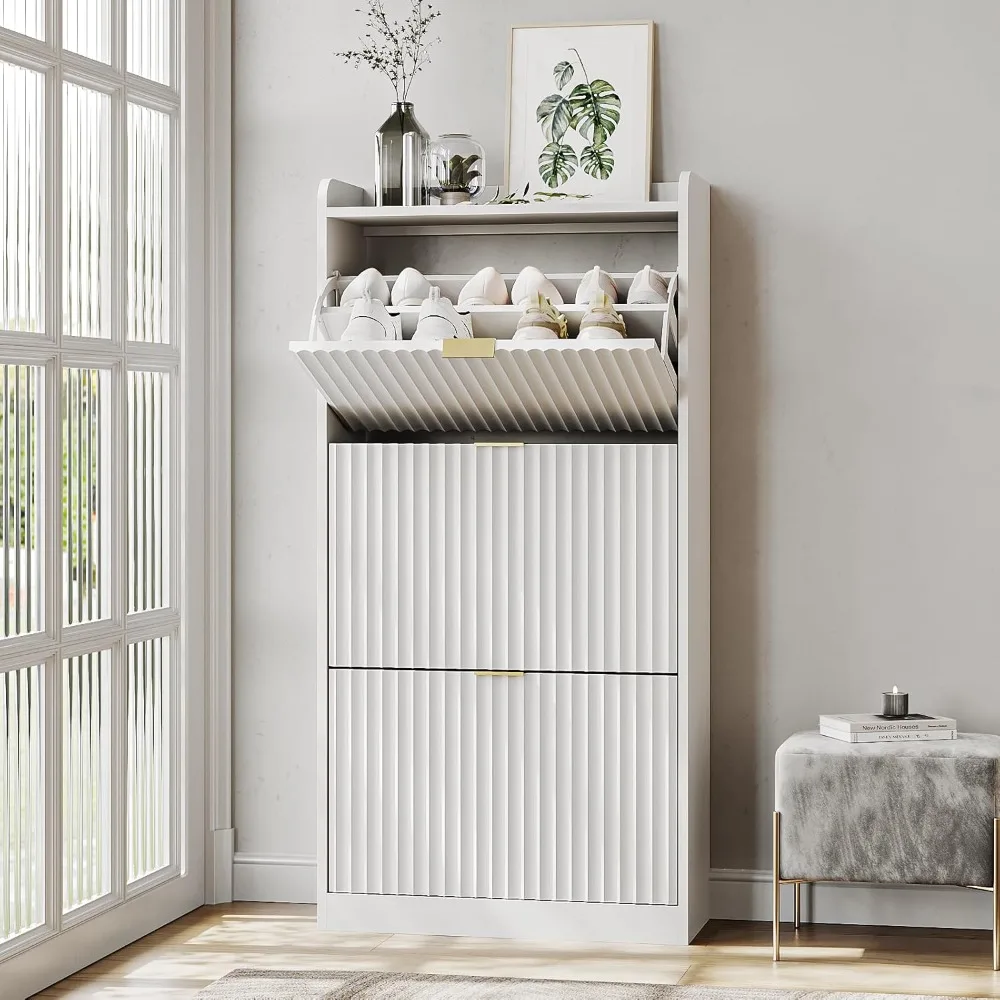 

Fluted Shoe Cabinet with 3 Flip Drawers, Narrow Shoe Storage Cabinet for Entryway, Freestanding Shoes Rack Organizer Cabinets wi