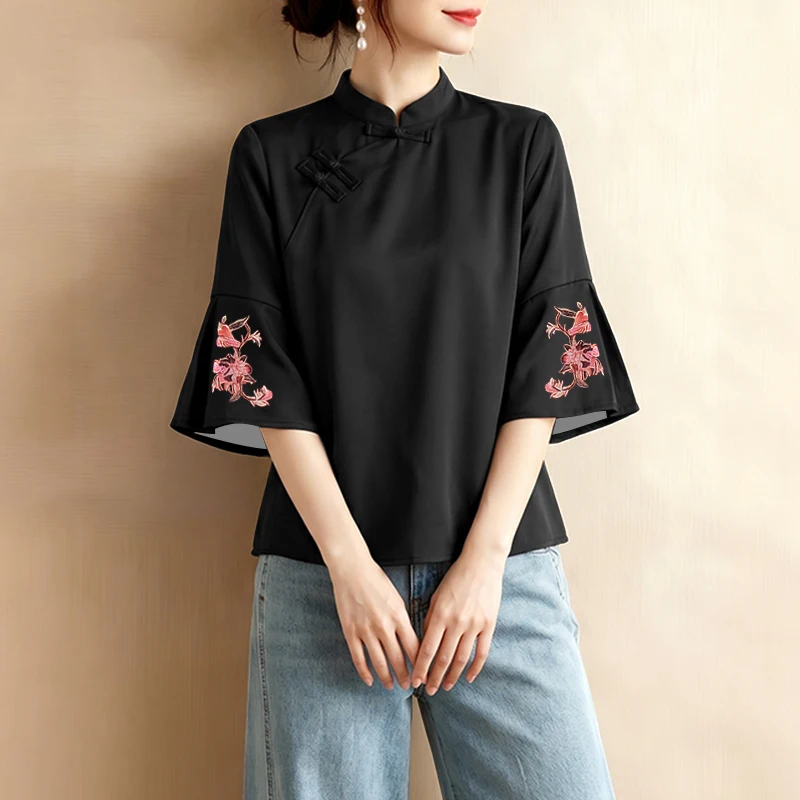 ZANZEA Chinesischer Stil Vintage Damenbluse, elegantes Arbeitshemd mit Stehkragen und 3/4-Ärmeln, bedruckte Oberteile mit Knöpfen, Blusas – Detail 8