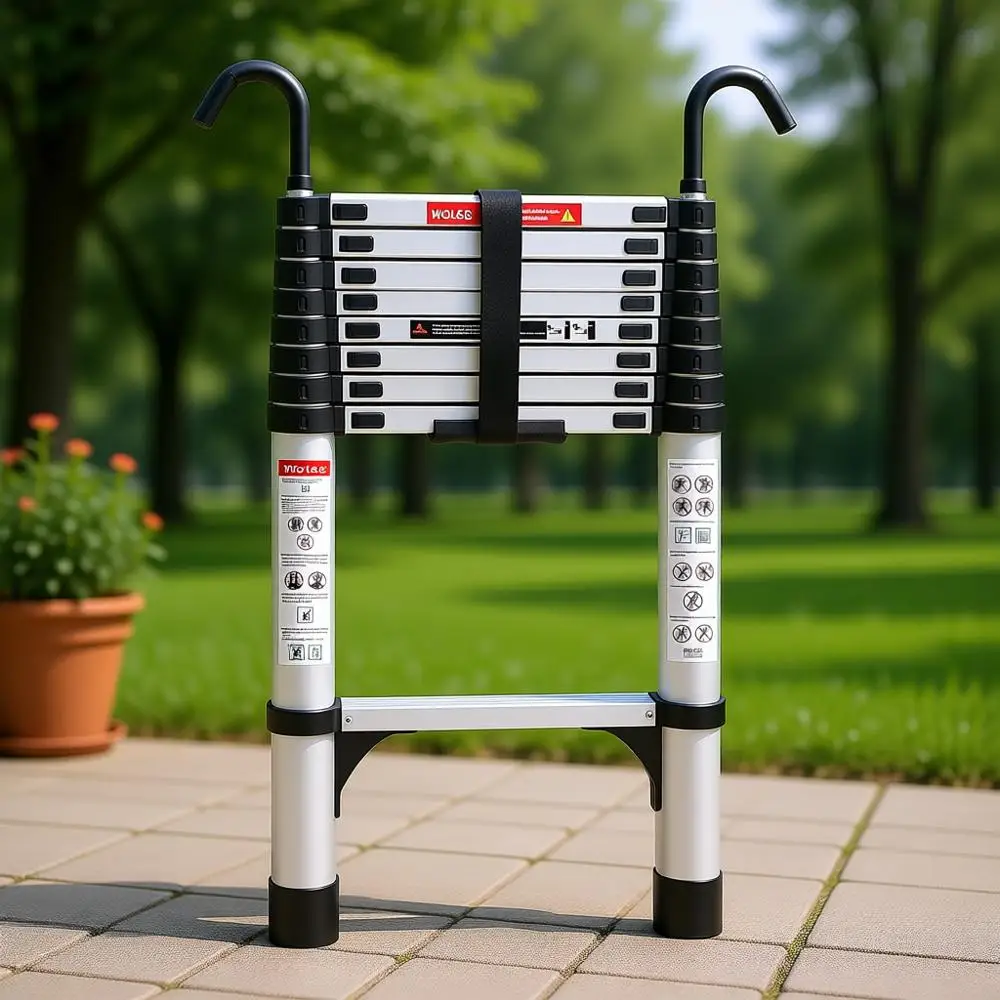 

Портативная телескопическая лестница 8,5 т с крюком, стабилизаторами, колесами, грузоподъемностью 150 кг, идеально подходит для крыш и автодомов - серебристая