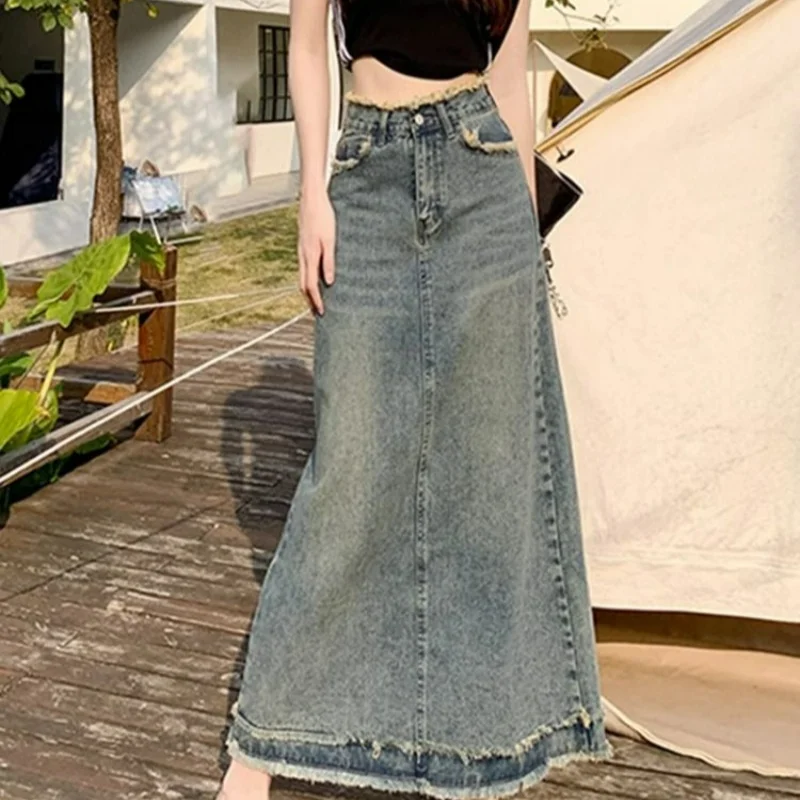 Retro Furred Denim Skirt Female Autumn and Winter New High-waisted A-line Pear Shape Figure Thin Net Red Mid-length Skirt Women