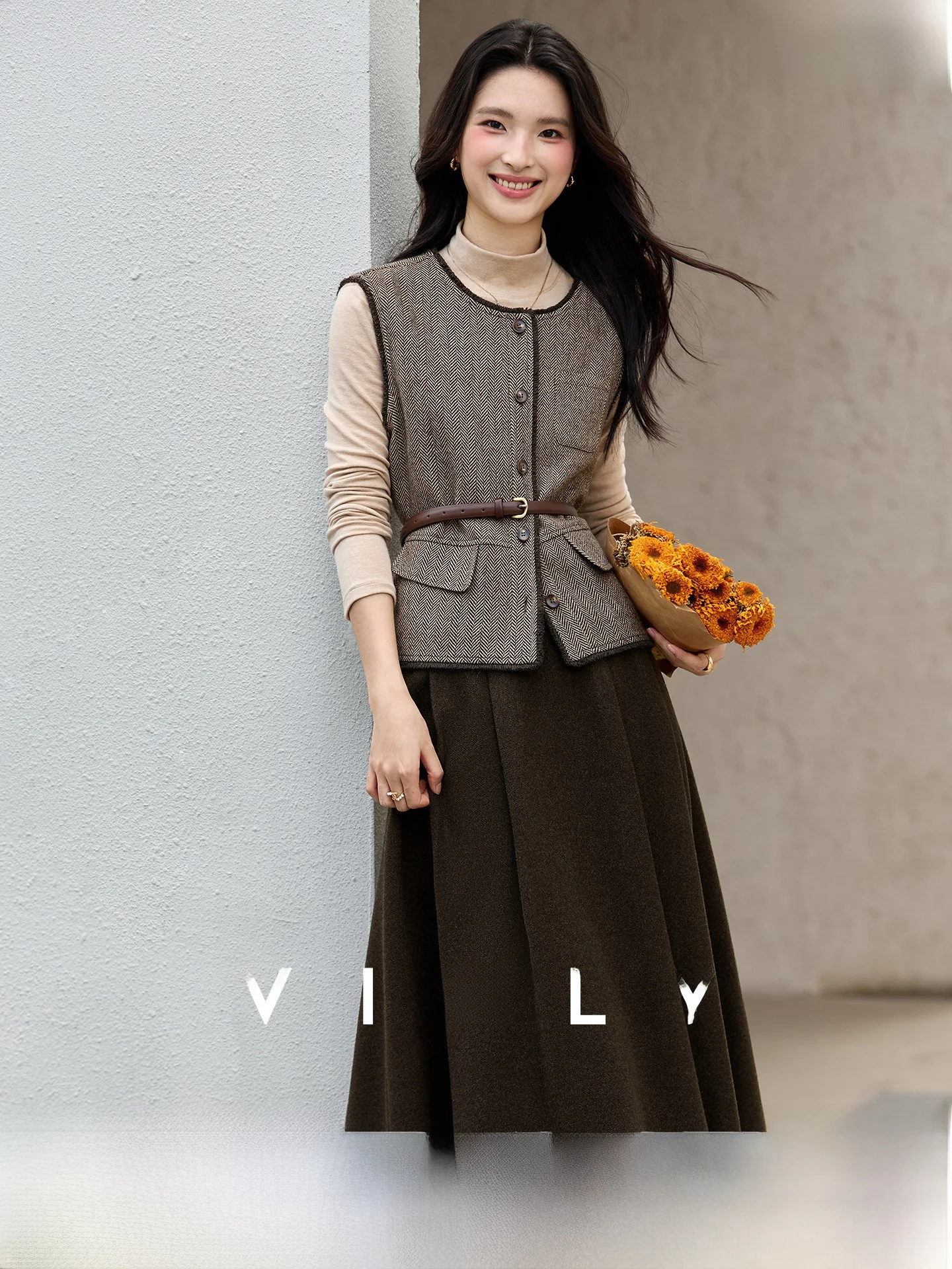 

Ele Two-Piece Set Women's Winter New round Ne Vest A-Line Dr Polyester Fiber No-Sve Button-Up Faionable Ou...