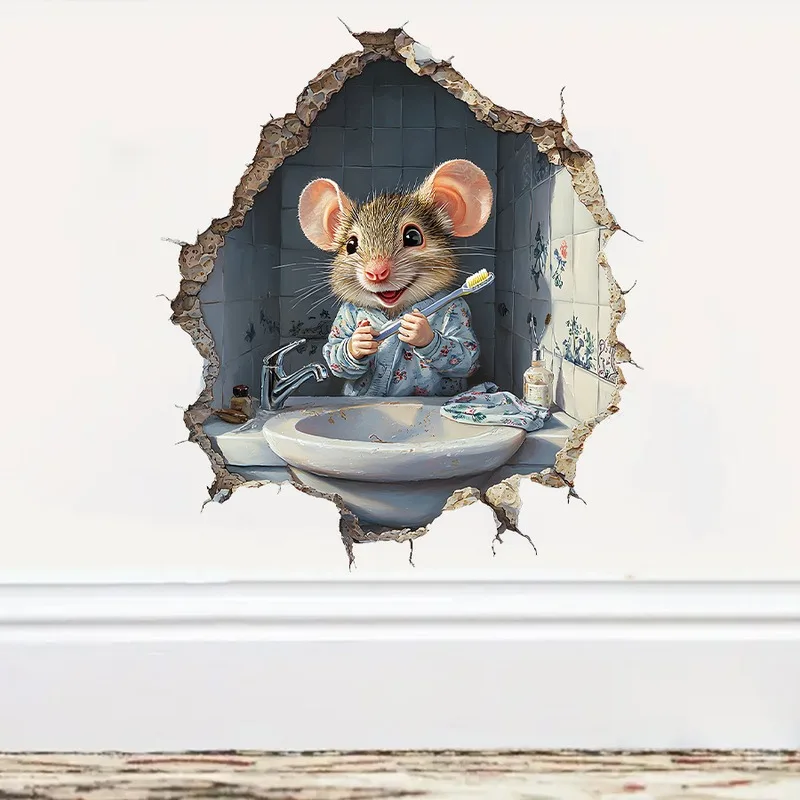 VIKAMA Mouse Brushing Teeth Sink Wall Sticker Funny Xmas Self-Adhesive Decor for Living Room Bedroom Dorm