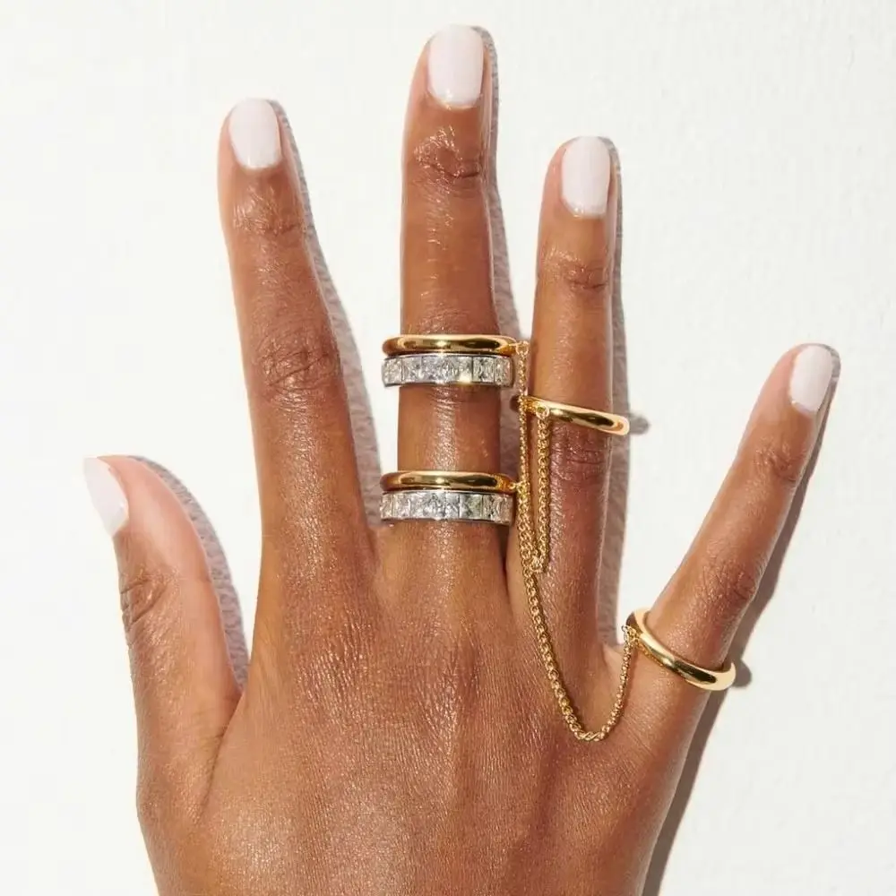 

Fashion Double Layer Chain Ring CZ Zircon Gold Plated Tassel Link Ring Chic Punk Hip Hop Stackable Finger Ring Jewelry Gift