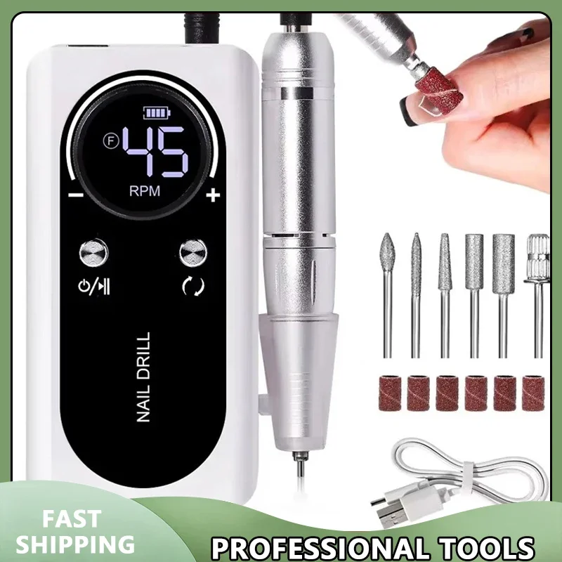 

Professional 45000RPM Electric Portable Nail Drill Machine Rechargeable Low Noise Nail Sander File for Manicure Salon Tool