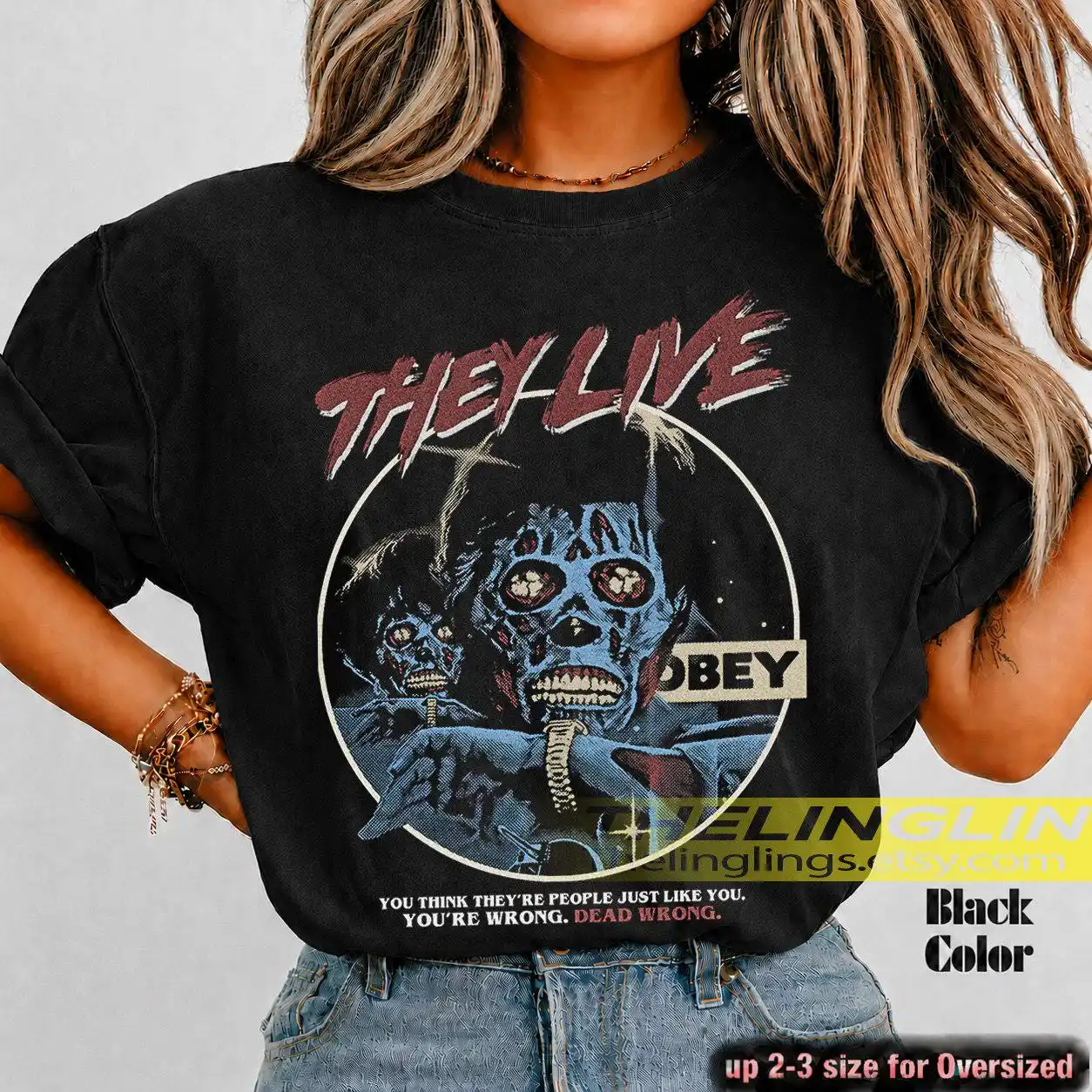 They Live Ober Poster 1988 T-Shirt, Alien Movie Graphic Tee, Sci-Fi Film Shirt,  Horror Clothing, Retro Cult Classic Top RZ view 2