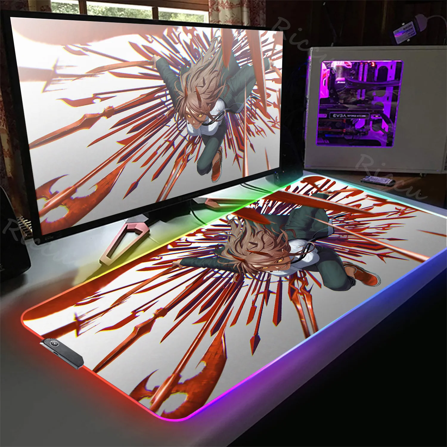 Anime Kawaii RGB Mouse Pad Cartoon Chainsaw Man LED PC Accessories Deskmat Gaming Mousepad Rubber Mat Desk Protector Pads