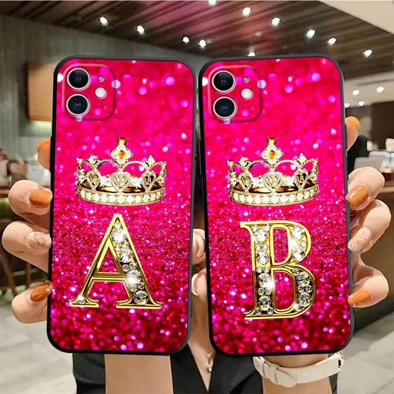 Case For Apple iPhone 13 14 15 11 12 Pro 7 XR X XS Max 8 Plus SE 2022 Phone Cover Shell Pink Diamonds Letter