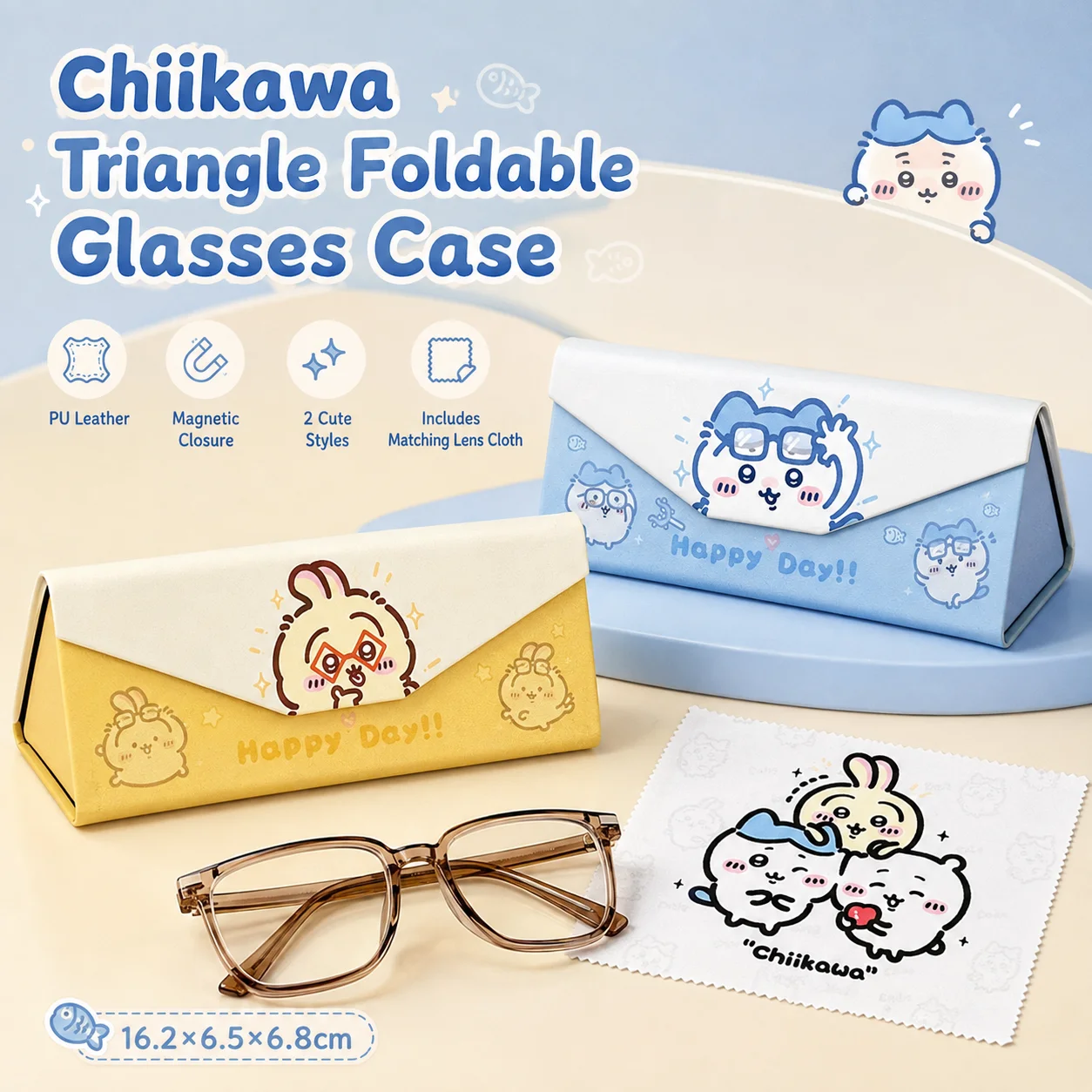Chiikawa Usagi Rabbit Hachiware Cat Foldable Magnetic Glasses Case Portable Eyeglass Case Soft PU Leather Travel Sunglasses Case