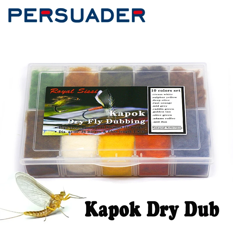 Persuader 10colors set kapok fly tying dubbing dispenser superfine natural hollow fiber fly tying materials for dry fly&emergers