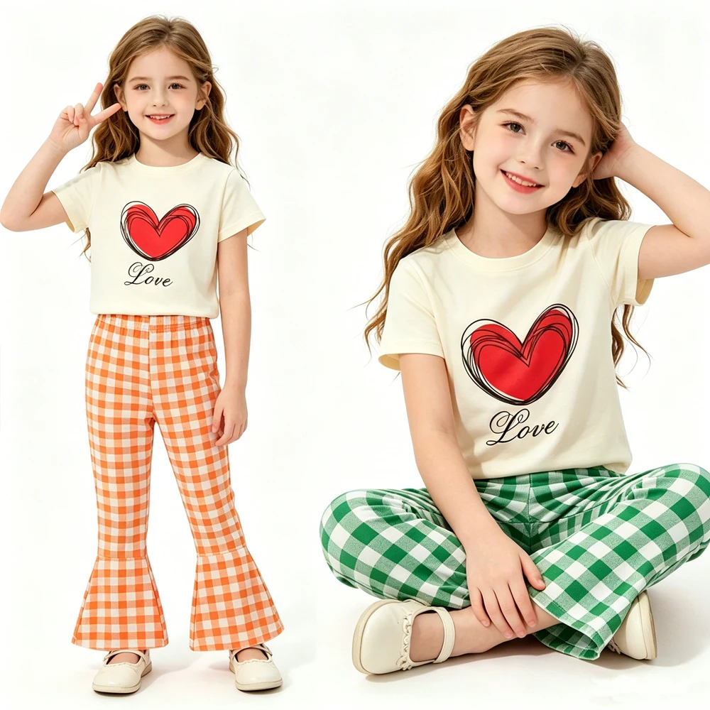 Conjunto de Ropa de Verano Estilo Coreano para Niñas de 2 a 10 Años, Camiseta y Pantalones de Campana, Traje de Dos Piezas, Verde, Rosa, Blanco, Conjuntos Infantiles