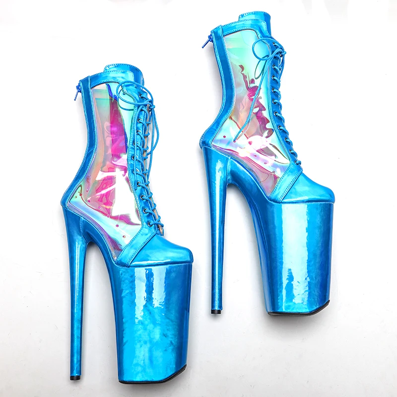 Leecabe  26CM/10inch Shiny   PU  Upper with transparency holography  sexy exotic High Heel platform  Pole Dance boot