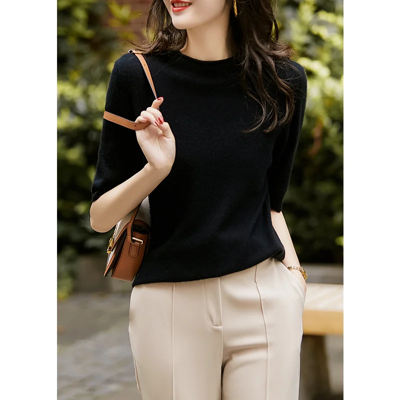 Casual Knitted Shirt Women Tops Summer 2024 Solid Loose Half-Turtleneck Blouse Women Clothing Fashion Chic Korean Clothes 13777