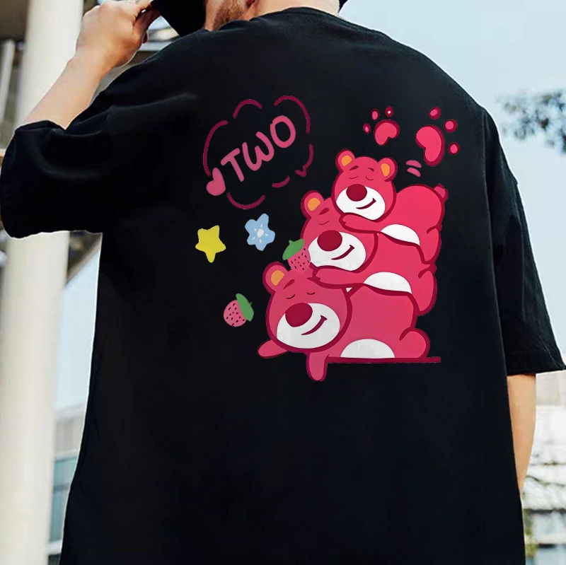 تي شيرت صيفي كبير الحجم معتمد من ديزني - الدب الكرتوني الأسود مع طباعة "TWO"، تي شيرت فضفاض بنمط ملابس الشارع