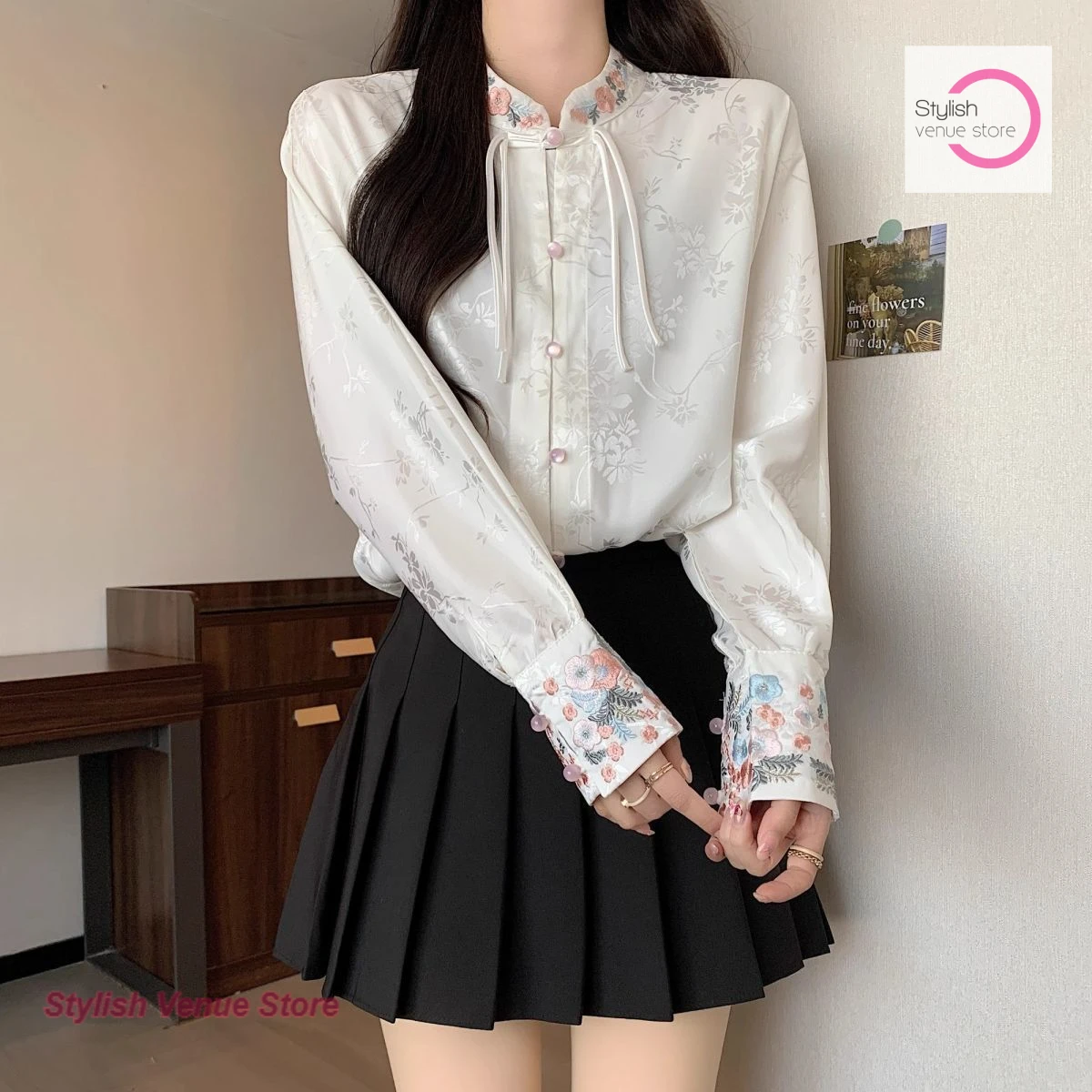 Chinese national style stand-up collar shirt women's spring and autumn design sense embroidery loose casual long-sleeved shirt