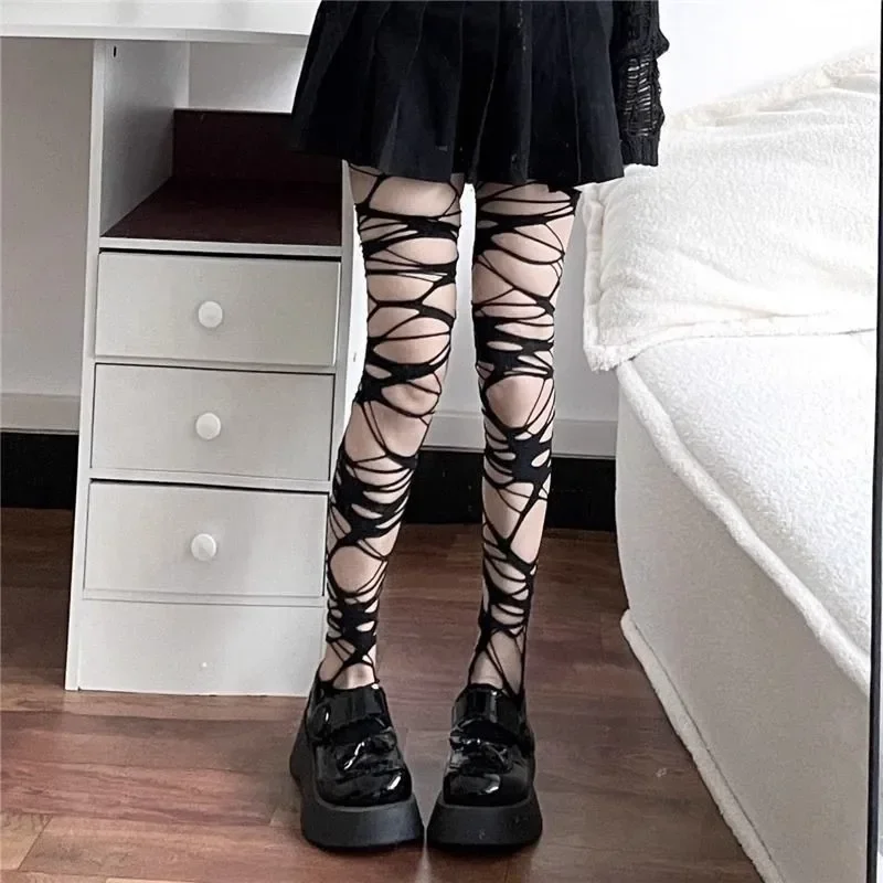 คู่โฮมเมดGothic Punkสไตล์ถุงน่องสาวร้อนSubculture Y2Kสีดําหลุมถุงน่องBottoming Pantyhose