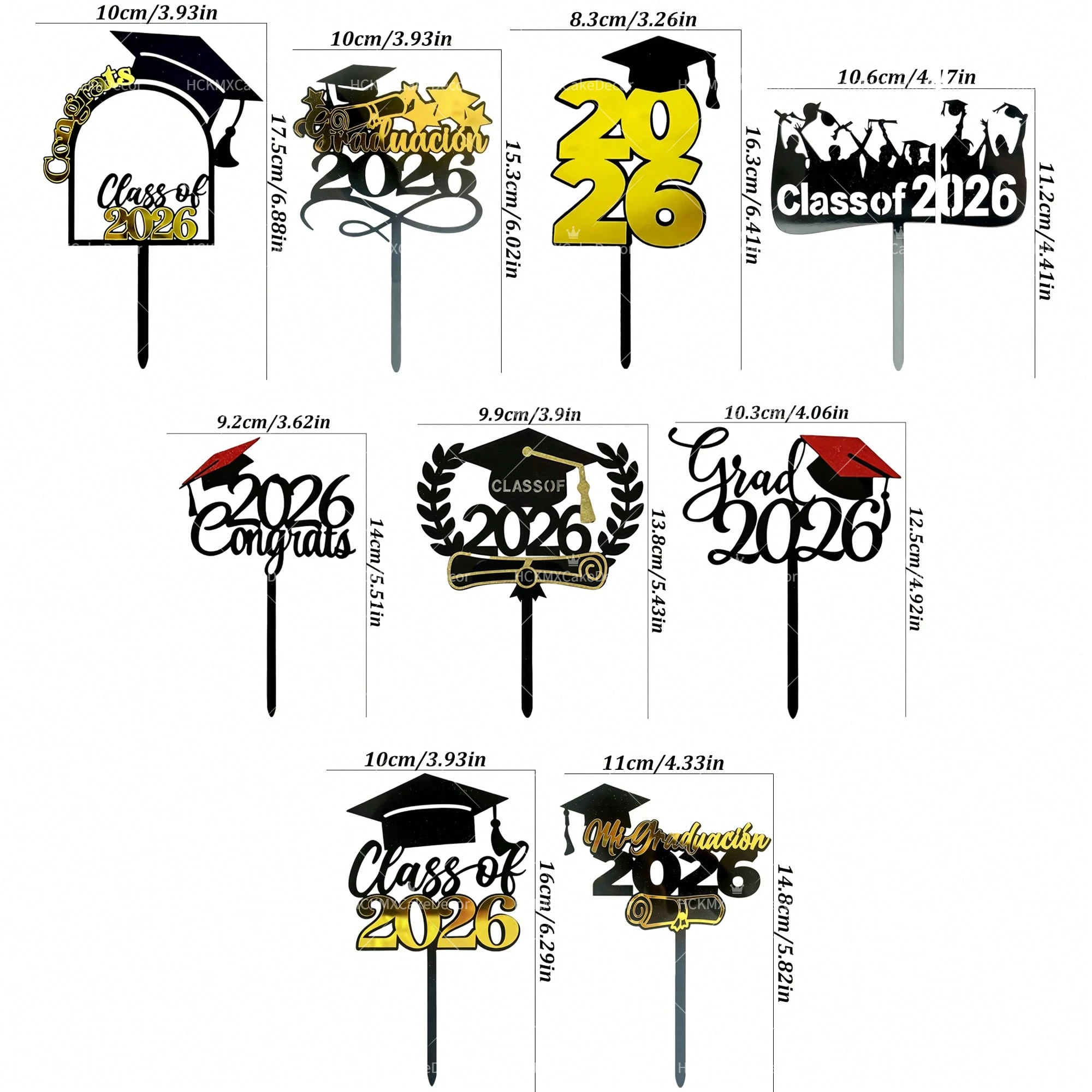 3pcs/6pcs Acrylic Black Gold Class of 2026 Cake Topper Set, Graduation Cap Diploma Cake Decorations, Mi Graduación 2026 Grad view 5