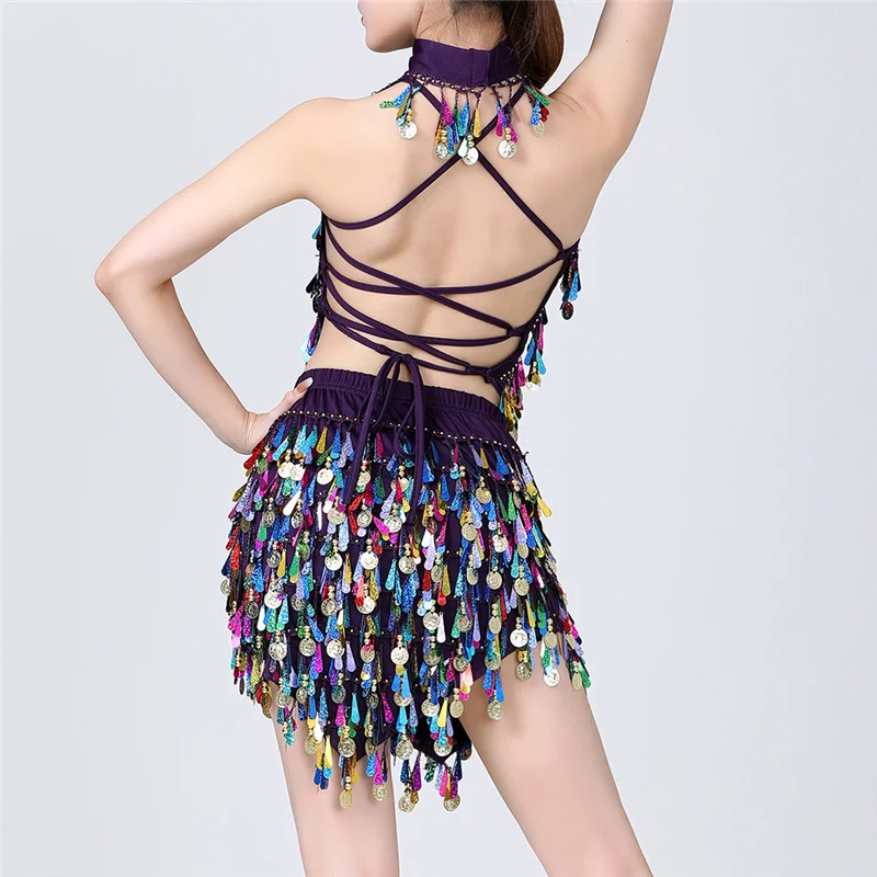 Women Sequins Coins Tassel Latin Dance Dress Set Dancing Dress Adult Fringe Skirt Dancewear  Salsa Tango Practice Suit Costume