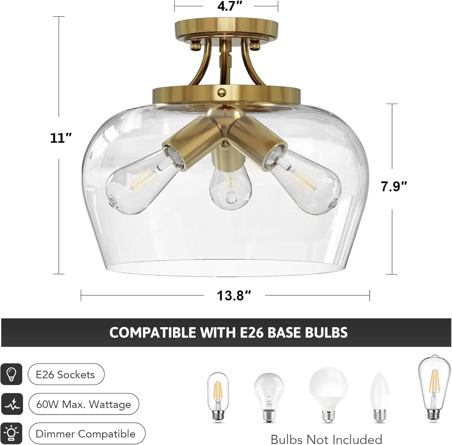 Vonluce-Plafonnier industriel à montage semi-encastré, luminaire de plafond doré à 3 ampoules, abat-jour en verre transparent, 13.8 po